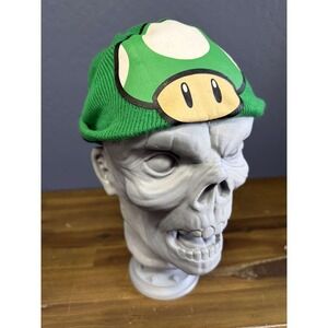 Nintendo Super Mario Green 1-Up Mushroom Knit Beanie Hat Black Stripes